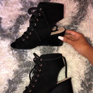 black lace up wedges